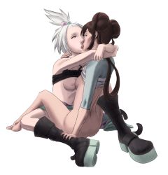 Rule 34 | 10s, 2girls, arms around neck, blue eyes, boots, bottomless, breasts, brown hair, clothes lift, creatures (company), double bun, drawfag, freckles, game freak, gym leader, hair bobbles, hair bun, hair ornament, half-closed eyes, kiss, long hair, multiple girls, navel, nintendo, nipples, no headwear, non-web source, platform footwear, pokemon, pokemon bw2, rosa (pokemon), roxie (pokemon), shirt lift, short hair, sitting, sitting on lap, sitting on person, small breasts, spread legs, tank top, topknot, twintails, white hair, yuri