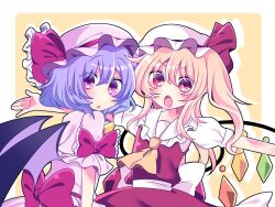 Rule 34 | 2girls, ascot, bat wings, blonde hair, blush, breasts, crystal, flandre scarlet, hair between eyes, hat, hat ribbon, looking at viewer, medium hair, mob cap, multicolored wings, multiple girls, open mouth, outstretched arms, puffy short sleeves, puffy sleeves, purple eyes, purple hair, purple headwear, red eyes, red skirt, red vest, remilia scarlet, ribbon, short sleeves, siblings, simple background, sisters, skirt, small breasts, touhou, tsugomori (remilia0398), vest, white headwear, wings, yellow ascot