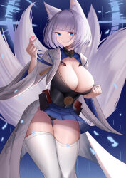 1girl absurdres animal_ears azur_lane black_panties blue_eyes blue_skirt breasts cleavage finger_heart fox_ears fox_girl fox_tail highres japanese_clothes kaga_(azur_lane) kimono kitsune kyuubi lahz52 large_breasts large_tail looking_at_viewer metal_belt miniskirt multiple_tails panties pantyshot pleated_skirt sakuramon short_hair skirt solo tail tank_top thighhighs underwear white_hair white_kimono white_tail white_tank_top white_thighhighs wide_sleeves