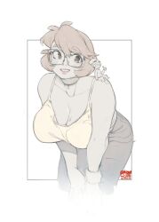 Rule 34 | 1boy, 1girl, artist name, artist self-insert, beanie, black choker, black pants, blush, breasts, brown hair, camisole, choker, collarbone, dated, glasses, hat, large breasts, leaning forward, looking at viewer, mini person, miniboy, muted color, original, pants, parted lips, pink lips, short hair, sitting, sitting on shoulder, snowcie, snowciel, solo focus, thumbs up, white background, yellow camisole