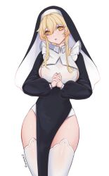 Rule 34 | 1girl, blonde hair, breasts, genshin impact, hair between eyes, hand up, highres, large areolae, large breasts, looking at viewer, lumine (genshin impact), nun, open mouth, own hands together, short hair, sideboob, thick thighs, thighhighs, thighs, unosaki2, white thighhighs, yellow eyes