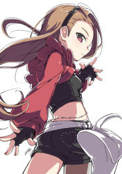 Rule 34 | 1girl, black gloves, black hairband, black shirt, black shorts, brown hair, cowboy shot, crop top, fingerless gloves, frills, from behind, gloves, hairband, hand up, heart, heart print, idolmaster, idolmaster (classic), idolmaster million live!, idolmaster million live! theater days, jacket, kuresuku (lessons), long hair, long sleeves, looking at viewer, midriff, minase iori, parted lips, red eyes, red jacket, serious, shirt, short shorts, shorts, solo, thighs, white background