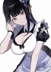 Rule 34 | 1girl, absurdres, apron, bent over, black dress, black hair, blue hair, breasts, cleavage, dress, highres, hololive, hololive english, horns, large breasts, long hair, maid, mole, mole under eye, nerissa ravencroft, red eyes, reon (98109reon), simple background, solo, virtual youtuber, white apron, white background