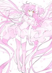 Rule 34 | 1girl, angel wings, arm at side, blush, blush stickers, breasts, choker, dress, expressionless, feathered wings, feathers, floating, floating hair, full body, gloves, hair between eyes, hand up, kaname madoka, legs apart, light particles, long dress, long hair, looking away, mahou shoujo madoka magica, mahou shoujo madoka magica (anime), parted lips, pink hair, pink theme, pink thighhighs, pipi o (pipioo08), ribbon, sidelocks, simple background, small breasts, solo, star (symbol), thighhighs, two side up, ultimate madoka, very long hair, white background, white dress, white ribbon, wide sleeves, wings, yellow eyes, zettai ryouiki