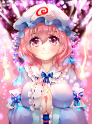 Rule 34 | 1girl, arm garter, blush, breasts, frilled shirt collar, frilled sleeves, frills, hair between eyes, hat, hitodama, large breasts, long sleeves, looking at viewer, mob cap, nagare, own hands clasped, own hands together, pink eyes, pink hair, saigyouji yuyuko, smile, solo, touhou, triangular headpiece, upper body, wide sleeves