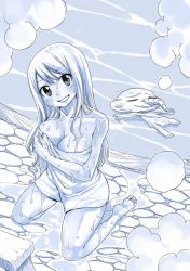 Rule 34 | 1girl, barefoot, blue theme, breasts, cleavage, cobblestone, fairy tail, kneeling, long hair, looking at viewer, lucy heartfilia, mashima hiro, monochrome, naked towel, onsen, plue, smile, solo, steam, towel, wet