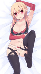 Rule 34 | 1girl, :o, arm up, armpits, bad id, bad pixiv id, bare shoulders, bed sheet, black thighhighs, blonde hair, blush, bow, bow panties, breasts, cleavage, collarbone, crotch seam, dakimakura (medium), dark falz apprentice, elbow gloves, euclita (pso2), female focus, gloves, gradient hair, highres, kurebayashi noe, large breasts, leg up, looking at viewer, lying, midriff, multicolored hair, navel, on back, on bed, open mouth, panties, phantasy star, phantasy star online 2, pointy ears, red bow, red eyes, red gloves, solo, stomach, sweatdrop, thighhighs, two-tone hair, underwear, white panties