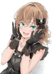 Rule 34 | 1girl, absurdres, aqua eyes, black bow, black dress, black gloves, blush, bow, brown hair, collarbone, commentary, crossed bangs, dress, english commentary, frilled dress, frilled gloves, frills, gloves, hair bow, hair ornament, hands framing own cheeks, highres, hinoshita kaho, hinoshita kaho (17th birthday), link! like! love live!, looking at viewer, love live!, lower teeth only, medium hair, open mouth, rabbit hair ornament, simple background, sleeveless, sleeveless dress, smile, solo, teeth, tommer, upper body, virtual youtuber, white background