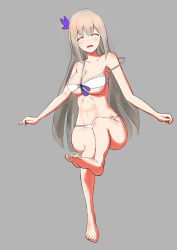 Rule 34 | 435244718, absurdres, bad anatomy, barefoot, bikini, full body, grey background, highres, lexington (warship girls r), silver hair, simple background, smile, soles, solo, swimsuit, toe-point, toes, uss lexington (cv-2), warship girls r, white bikini