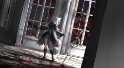 Rule 34 | 1girl, absurdres, animal ears, arknights, black coat, black dress, black footwear, blood, blood on clothes, blood on face, bloody weapon, boots, closed eyes, closed mouth, coat, dress, full body, fur-trimmed coat, fur trim, grey hair, highres, holding, holding sword, holding weapon, indoors, knee boots, koli (ssssoliko), lappland (arknights), lappland (refined horrormare) (arknights), long hair, long sleeves, official alternate costume, open clothes, open coat, planted, planted sword, planted weapon, smile, solo, sword, tail, thighhighs, very long hair, weapon, window, wolf ears, wolf girl, wolf tail