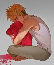 Rule 34 | 1boy, armpits, blonde hair, coat, crying, crying with eyes open, feet, full body, grey background, grey pants, highres, holding, holding clothes, holding coat, male focus, mole, mole under eye, on0n, pants, red coat, short hair, sitting, solo, tank top, tears, trigun, trigun stampede, vash the stampede, white tank top