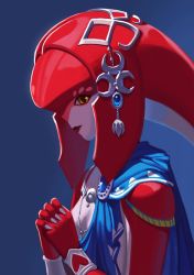 Rule 34 | 1girl, blush, breasts, colored skin, fins, fish girl, hair ornament, jewelry, long hair, looking at viewer, mella, mipha, monster girl, multicolored skin, nintendo, no eyebrows, red hair, red skin, smile, solo, the legend of zelda, the legend of zelda: breath of the wild, yellow eyes, zora