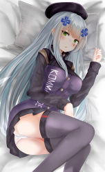 Rule 34 | 1girl, absurdres, ass, beret, blunt bangs, blush, breasts, clothes writing, facial mark, girls&#039; frontline, gloves, green eyes, hair ornament, hat, heart, heart-shaped pupils, highres, hk416 (girls&#039; frontline), jacket, long hair, looking at viewer, lying, medium breasts, on bed, on side, open mouth, panties, pantyshot, pillow, plaid, plaid skirt, pleated skirt, purple thighhighs, ru zhai, silver hair, skirt, solo, symbol-shaped pupils, teardrop, thighhighs, underwear, very long hair, white panties