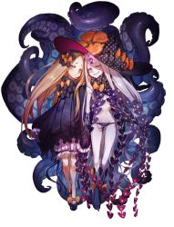 Rule 34 | 2girls, abigail williams (fate), abigail williams (third ascension) (fate), black bow, black dress, black footwear, black headwear, black panties, black socks, blonde hair, bloomers, blue eyes, bow, bug, butterfly, commentary request, dress, dual persona, evil grin, evil smile, fate/grand order, fate (series), glowing, gluteal fold, grey hair, grin, groin, hair bow, hat, hat bow, highres, insect, kneehighs, long hair, long sleeves, multiple girls, multiple hair bows, hugging object, orange bow, ota (ota-0000), pale skin, panties, parted bangs, pink eyes, polka dot, polka dot bow, print bow, revealing clothes, sharp teeth, shoes, simple background, skull print, sleeves past fingers, sleeves past wrists, smile, socks, star (symbol), star print, stuffed animal, stuffed toy, suction cups, teddy bear, teeth, tentacles, underwear, very long hair, white background, white bloomers, witch hat