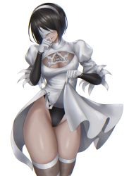 Rule 34 | 1girl, black hair, blindfold, breasts, cleavage, clothes lift, clothing cutout, commentary request, dark-skinned female, dark skin, dress, dress lift, feather trim, gloves, hairband, hand up, highleg, highres, holding, holding clothes, holding skirt, kurone rinka, leotard, leotard under clothes, lifted by self, long sleeves, medium breasts, mole, mole under mouth, nier:automata, nier (series), puffy sleeves, shiny skin, short dress, short hair, simple background, skirt, skirt lift, solo, thighhighs, thighs, turtleneck, white background, white dress, 2p (nier:automata)