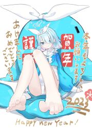 Rule 34 | 1girl, absurdres, aqua hair, aqua shirt, arona (blue archive), barefoot, blue archive, blue eyes, braid, cameltoe, chinese zodiac, choker, commentary request, english text, feet, foreshortening, grin, hair over one eye, hairband, halo, happy new year, head tilt, highres, kilabo, leotard, leotard under clothes, looking at viewer, medium hair, multicolored hair, neckerchief, nengajou, new year, pink hair, sailor collar, shirt, sitting, smile, solo, stuffed whale, toes, translation request, two-tone hair, white choker, white leotard, white neckerchief, white sailor collar, year of the rabbit