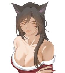 Rule 34 | 1girl, ahri (league of legends), animal ears, artist name, bare shoulders, black hair, breasts, closed mouth, collarbone, commentary, english commentary, facial mark, fingernails, fox ears, fox girl, hair between eyes, highres, ireeneart, league of legends, looking to the side, nail polish, red nails, sidelocks, simple background, small breasts, solo, upper body, whisker markings, white background, yellow eyes