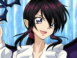 Rule 34 | 1boy, androgynous, bat wings, black hair, fang, frills, highres, holding, holding mask, lady bat, long hair, long sleeves, male focus, mask, mermaid melody pichi pichi pitch, open mouth, pointy ears, ponytail, purple eyes, purple wings, reference work, remyfive, shirt, smile, straight hair, vampire, white shirt, wings