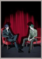 Rule 34 | 2boys, ahoge, benur, black footwear, black gloves, black hair, black suit, border, chair, collared shirt, cross, cross necklace, crossed legs, different shadow, ensemble stars!, formal, glasses, gloves, green eyes, green hair, green necktie, green suit, hair between eyes, hasumi keito, highres, jewelry, korean commentary, long hair, long sleeves, looking at another, looking at viewer, multiple boys, necklace, necktie, open collar, red curtains, red eyes, sakuma rei (ensemble stars!), shadow, shirt, shoes, short hair, sitting, smile, suit