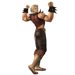 Rule 34 | 1boy, 3d, absurdres, belt, blonde hair, blue eyes, boots, cornrows, earrings, full body, highres, jewelry, joachim valentine, looking back, male focus, muscular, official art, shadow hearts, shadow hearts ii, short hair, simple background, solo, white background
