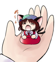 Rule 34 | 1girl, animal ears, blush, brown hair, cat ears, cat girl, cat tail, chen, chibi, closed eyes, fangs, female focus, hat, in palm, mini person, minigirl, multiple tails, open mouth, solo, solo focus, tail, touhou, yawning, yume shokunin