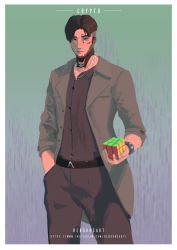 Rule 34 | 1boy, absurdres, alternate costume, apex legends, artist name, black hair, black pants, black shirt, character name, crypto (apex legends), grey jacket, hand in pocket, highres, holding, jacket, jewelry, looking at viewer, male focus, necklace, pants, parted hair, reborns, rubik&#039;s cube, shirt, solo, watermark, web address