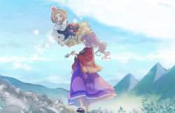 Rule 34 | 2girls, aged down, biyon, blonde hair, cloud, commentary request, day, floating, hair ornament, hair ribbon, holding, holding smoking pipe, japanese clothes, kimono, kiseru, komakusa sannyo, long hair, long sleeves, looking at another, looking back, mountainous horizon, multiple girls, okobo, orb, outdoors, plant, ponytail, purple hair, purple skirt, red kimono, ribbon, sandals, skirt, smoking pipe, tamatsukuri misumaru, touhou, twitter username, wide sleeves, yellow ribbon, yellow skirt, yin yang, yin yang orb