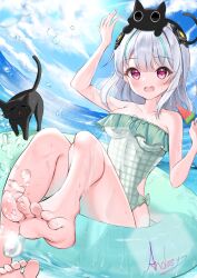 Rule 34 | 1girl, 2others, admi (nikke), animal, animal on head, artist name, bare legs, bare shoulders, barefoot, bell, black cat, blue hair, blue innertube, blush, breasts, cat, clothing cutout, collarbone, frills, goddess of victory: nikke, grey hair, hand up, highres, innertube, medium breasts, multicolored hair, multiple others, on head, one-piece swimsuit, open mouth, purple eyes, signature, sitting, soles, streaked hair, swim ring, swimsuit, toes, wfa5051