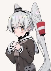 Rule 34 | 1girl, alternate hairstyle, amatsukaze (kancolle), blush, brown eyes, commentary request, fingers together, gloves, grey background, hair tubes, hat, kantai collection, long hair, long sleeves, looking at viewer, monaka ooji, neckerchief, sailor collar, silver hair, single glove, solo, twintails, upper body, white gloves