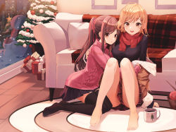 Rule 34 | 2girls, barefoot, black legwear, black skirt, black sweater, blonde hair, breasts, brown eyes, brown hair, christmas tree, clothes between thighs, commentary, couch, gift, hair ornament, hairclip, hand on shoulder, highres, indoors, large breasts, long hair, looking at viewer, multiple girls, munseonghwa, no shoes, open mouth, original, ponytail, ribbed sweater, scarf, skirt, smile, snow, sweater, thighhighs, undressing, yellow eyes, yuri