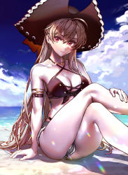 Rule 34 | 1girl, absurdres, ahoge, arm support, armlet, aroddst4, ass, azur lane, bare legs, bare shoulders, beach, bikini, black bikini, breasts, brown hair, cleavage, closed mouth, collarbone, criss-cross halter, crossed legs, cutoffs, day, denim, denim shorts, earrings, expressionless, front-tie bikini top, front-tie top, grey shorts, halterneck, halterneck, hat, highleg, highleg bikini, highres, jean bart (azur lane), jean bart (private apres midi) (azur lane), jewelry, knees up, leg up, long hair, looking at viewer, medium breasts, micro shorts, necklace, official alternate costume, outdoors, pirate hat, red eyes, revision, short shorts, shorts, sitting, solo, string bikini, swimsuit, thighs, v-shaped eyebrows, very long hair