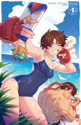 Rule 34 | 1boy, 1girl, bandaid, bandaid on arm, bandaid on hand, bandaid on leg, beach, blanka-chan, blue one-piece swimsuit, breasts, brown hair, cellphone, character charm, charm (object), chopsticks, cleavage, commentary, cover, cover page, eating, english commentary, headband, highres, kajin (kajinman), kasugano sakura, medium breasts, muscular, muscular male, ocean, official art, one-piece swimsuit, phone, red headband, ryu (street fighter), second-party source, selfie, short hair, smartphone, smile, street fighter, swimsuit, textless version, toned, topless male, udon entertainment, v, variant set, very short hair, wet, white headband
