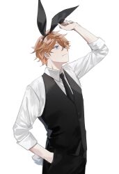 Rule 34 | 1boy, alternate costume, animal ears, black pants, black vest, blue eyes, closed mouth, collared shirt, fake animal ears, fake tail, genshin impact, hair between eyes, hand in pocket, highres, male focus, orange hair, pants, rabbit ears, rabbit tail, shirt, simple background, solo, tail, tartaglia (genshin impact), umenoume, vest, white background, white shirt