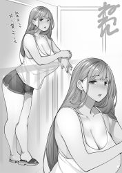 Rule 34 | 1girl, bare shoulders, breasts, cigarette, cleavage, commentary request, greyscale, holding, holding cigarette, large breasts, leaning forward, long hair, monochrome, neone, open mouth, original, railing, short shorts, shorts, slippers, standing, tank top, thighs, translation request, white tank top