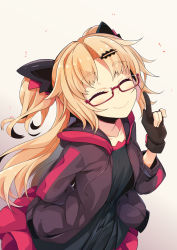 Rule 34 | 1girl, ^ ^, akatsuki uni, black dress, black gloves, blonde hair, brown background, brown jacket, character name, closed eyes, closed mouth, collarbone, drawstring, dress, facing viewer, fang, fang out, frilled dress, frills, glasses, gloves, gradient background, hair ornament, hairclip, highres, hood, hood down, hooded jacket, jacket, long hair, long sleeves, ogami kazuki, open clothes, open jacket, partially fingerless gloves, puffy long sleeves, puffy sleeves, red-framed eyewear, semi-rimless eyewear, smile, solo, two side up, under-rim eyewear, uni create, very long hair, virtual youtuber