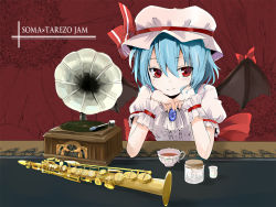Rule 34 | 1girl, bat wings, blue hair, female focus, gotyou, hat, head rest, instrument, phonograph, red eyes, remilia scarlet, saxophone, short hair, smile, solo, tea, touhou, wings, wrist cuffs