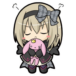 Rule 34 | 1girl, :&lt;, bad id, bad pixiv id, black dress, black footwear, black hairband, black wings, blush stickers, boots, bow, chibi, closed eyes, closed mouth, commentary request, dark feather alma, dress, emil chronicle online, facing viewer, full body, grey bow, hair between eyes, hairband, juliet sleeves, light brown hair, long hair, long sleeves, pantyhose, plaid, plaid bow, plaid ribbon, puffy sleeves, purple pantyhose, ri-net, ribbon, simple background, solo, standing, striped clothes, striped pantyhose, v-shaped eyebrows, white background, wings