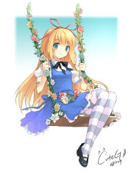 Rule 34 | 1girl, alice (alice in wonderland), alice in wonderland, bad id, bad pixiv id, blonde hair, blue eyes, cuteg, flower, hair ribbon, mary janes, pantyhose, ribbon, shoes, solo, striped clothes, striped pantyhose, swing