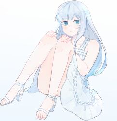 Rule 34 | 1girl, ass, bare shoulders, blue eyes, blue hair, blush, closed mouth, collarbone, dot nose, dress, expressionless, full body, gradient background, hair tie, hands on own knees, highres, idolmaster, idolmaster cinderella girls, idolmaster cinderella girls starlight stage, lace, lace-trimmed dress, lace trim, legs together, long hair, looking at viewer, pure onepiece (idolmaster), ribbon-trimmed dress, sandals, shiraishi tsumugi, simple background, sitting, solo, straight hair, sundress, thighs, tmg et, white dress