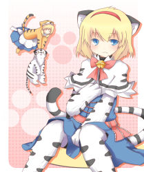 Rule 34 | 1girl, :3, alice margatroid, animal costume, animal ears, blonde hair, blue eyes, cat ears, cat girl, cat tail, doll, fang, female focus, formal, hairband, matching shanghai, shanghai doll, short hair, solo, tail, tiger, tiger ears, tiger tail, tomaden, touhou