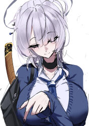 Rule 34 | 1girl, absurdres, bag, black choker, black nails, blazer, blue necktie, breasts, choker, commentary request, grey eyes, grey hair, hair over one eye, halo, highres, itokonoue kaoru, jacket, large breasts, looking at viewer, necktie, project kv, shoulder bag, sketch, smile, solo, sword, weapon, yuki (yuki yu owo)