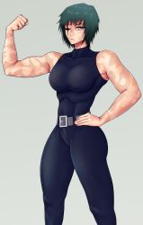 Rule 34 | 1girl, abs, absurdres, bare shoulders, belt, bodysuit, breasts, expressionless, female focus, flexing, green hair, highres, jujutsu kaisen, large breasts, looking at viewer, muscular, muscular female, one-eyed, resized, short hair, solo, third-party edit, yellow eyes, zenin maki