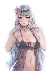 Rule 34 | 1girl, black bra, bow (bhp), bra, breasts, circlet, commentary request, dark jeanne, flower, granblue fantasy, hair flower, hair ornament, hands up, jeanne d&#039;arc (granblue fantasy), large breasts, lingerie, long hair, looking at viewer, navel, red eyes, simple background, smile, solo, spider lily, underwear, upper body, white background