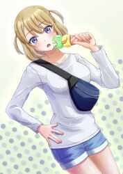 1girl :o blonde_hair blue_bag blue_shorts blush collarbone cowboy_shot dutch_angle fanny_pack food gradient_background green_background hair_between_eyes hand_on_own_hip hand_up highres holding holding_food holding_ice_cream holding_ice_cream_cone ice_cream ice_cream_cone kakkou_no_iinazuke legs_together long_sleeves looking_at_viewer manato open_mouth polka_dot purple_eyes shirt short_hair short_shorts shorts shorts_rolled_up standing two_side_up umino_sachi_(kakkou_no_iinazuke) white_shirt