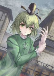 Rule 34 | 1girl, black headwear, closed mouth, dress, expressionless, fog, green dress, green eyes, green hair, highres, long sleeves, looking to the side, overcast, short hair, sky, soga no tojiko, solo, tofuandsoup, touhou