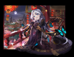 Rule 34 | 1girl, :d, animal, architecture, black border, black kimono, black panties, black thighhighs, blue eyes, blush, border, bug, butterfly, cityscape, cloud, cloudy sky, commission, east asian architecture, flower, full moon, fur-trimmed sleeves, fur trim, highres, holding, holding smoking pipe, insect, japanese clothes, kimono, kiseru, kyjsogom, lantern, long hair, long sleeves, looking at viewer, looking to the side, moon, mountain, navel, night, night sky, open mouth, original, outside border, panties, paper lantern, parted bangs, pink flower, railing, see-through, silver hair, sky, smile, smoking pipe, snow, solo, star (sky), starry sky, thighhighs, tree, underwear, very long hair, watermark, web address, wide sleeves