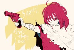 Rule 34 | 1girl, arc the lad, arc the lad iii, bandage on face, bandaged arm, bandages, cheryl (arc the lad), gun, handgun, highres, long hair, marusa (marugorikun), open mouth, red hair, revolver, short sleeves, solo, spot color, weapon
