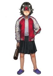 Rule 34 | 1girl, :s, absurdres, black hair, blue footwear, blush, bottle, chanta (ayatakaoisii), closed mouth, crocs, full body, hair between eyes, hand in pocket, highres, holding, holding bottle, horns, jacket, kijin seija, looking at viewer, multicolored clothes, multicolored hair, multicolored jacket, open clothes, open jacket, pleated skirt, red eyes, shirt, short hair, simple background, skirt, solo, standing, streaked hair, touhou, white background, white shirt