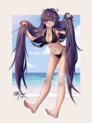 Rule 34 | 1girl, absurdres, alternate costume, alternate eye color, alternate hair color, barefoot, beach, bikini, bing (01969), black bikini, blush, bow, breasts, chinese commentary, cleavage, commentary request, expressionless, eyewear on head, full body, hair between eyes, hair bow, highres, holding, holding hair, horizon, large breasts, long hair, ocean, open mouth, purple eyes, purple hair, round eyewear, sand, signature, soles, solo, sunglasses, swimsuit, touhou, water, yorigami shion