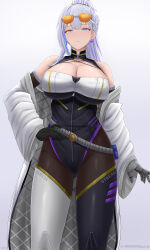 Rule 34 | 1girl, archstreal, bare shoulders, black gloves, black leotard, blue eyes, breasts, cleavage, gloves, grey hair, highleg, highleg leotard, highres, holding, large breasts, leotard, looking at viewer, mole, mole under eye, original, ponytail, solo, strealia rinne (archstreal), thighs, white background